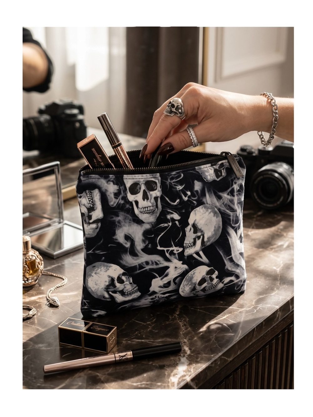 Artisan Made: Skull Printed Zip Top Makeup Bag ☻︎ Halloween ☻ Black + White